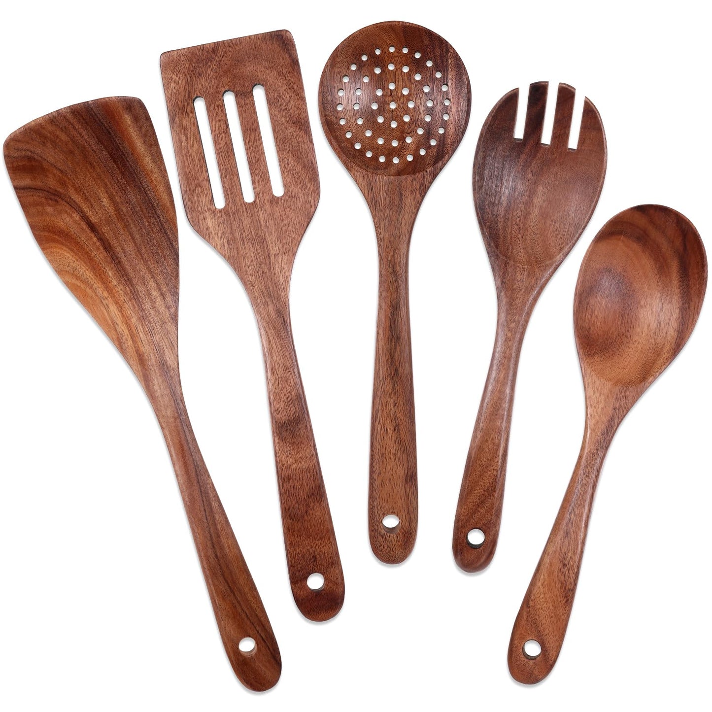 5 PCS Wooden Spatulas for Cooking Acacia Wood Kitchen Utensil Set Mixing Cook Spoons Non-stick Wooden Cooking Utensils Includes Wood Spatula Slotted Spatula Strainer Spoon Salad Spoon Salad Fork