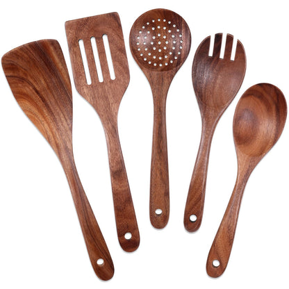 5 PCS Wooden Spatulas for Cooking Acacia Wood Kitchen Utensil Set Mixing Cook Spoons Non-stick Wooden Cooking Utensils Includes Wood Spatula Slotted Spatula Strainer Spoon Salad Spoon Salad Fork