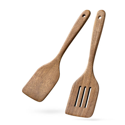 Hefild 2PCS Wooden Spatulas for Cooking, 12 inch Wood Spatulas Set with Flat Wood Spatula & Slotted Spatula – Acaciawood Cooking Utensils for Nonstick Pans – Wooden Spoons for Cooking