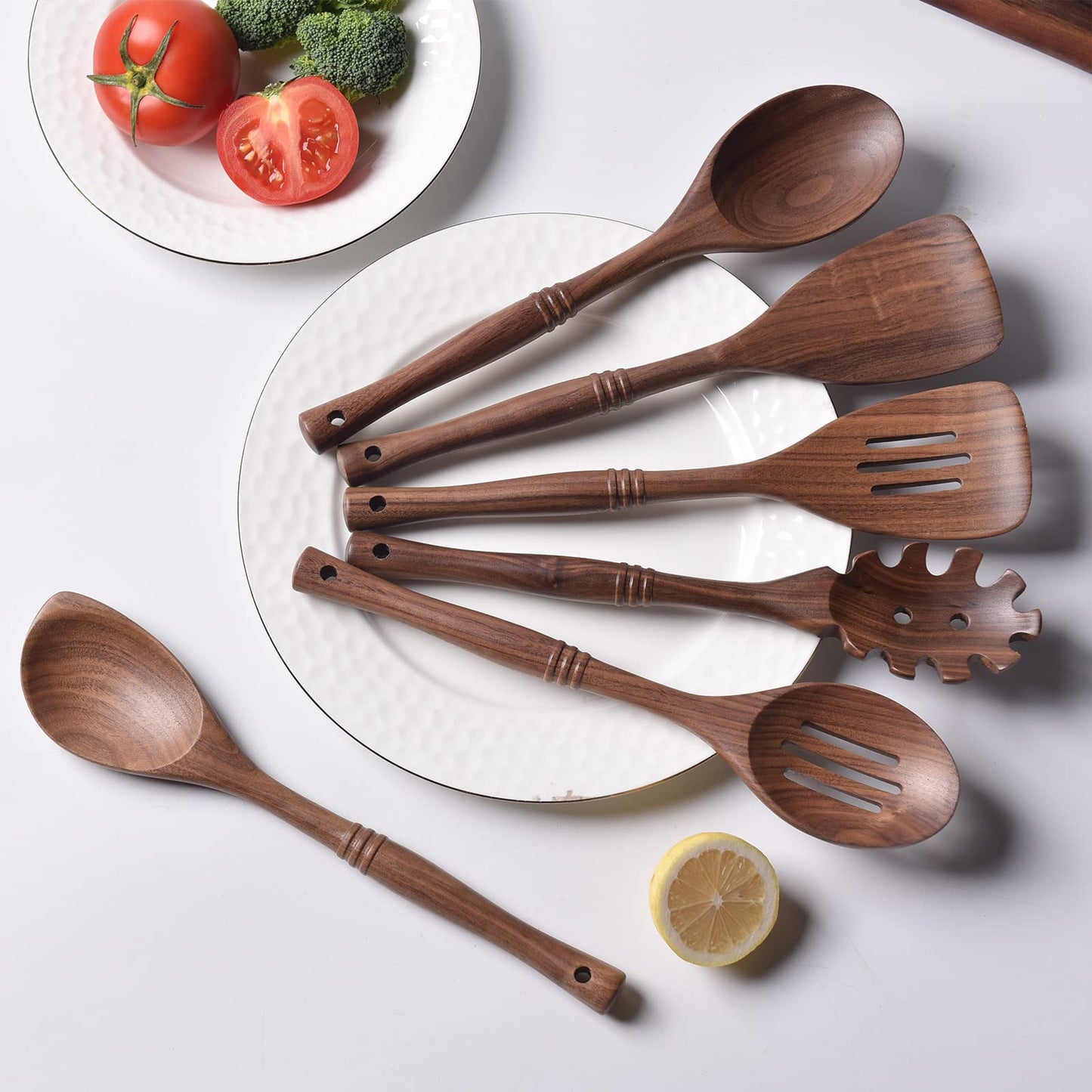 Gudamaye 12 inch Black Walnut Wooden Utensils - 6 Pcs Crafting Spoon Set for Cooking