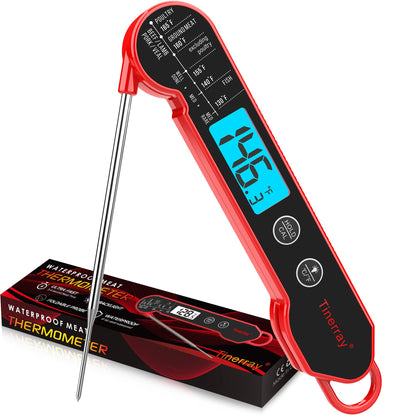 Digital Meat Thermometer for Cooking – Waterproof Instant Read Food Thermometer with Backlight & Calibration, Fast Read, Folding Probe for BBQ, Grill, Candy, Deep Fry, Kitchen, Liquids, Beef（Red）