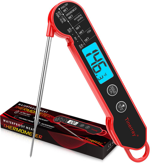 Digital Meat Thermometer for Cooking – Waterproof Instant Read Food Thermometer with Backlight & Calibration, Fast Read, Folding Probe for BBQ, Grill, Candy, Deep Fry, Kitchen, Liquids, Beef（Red）