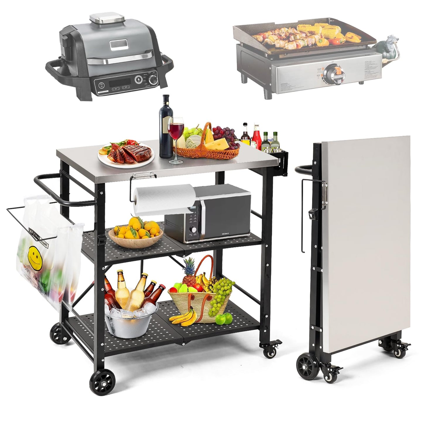 Annualing Portable Outdoor Grill Table,Folding BBQ Cart,Stainless Steel Grill Stand with Two Locking Casters,29×17in,for 17/22in Blackstone Griddle,Ninja Woodfire Stand,Pizza Oven table