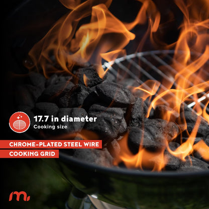 Megamaster Premium Charcoal Grill, 18" Heavy Duty Charcoal Kettle Grill, Outdoor Cooking, Camping Patio, Backyard, Tailgating, Black