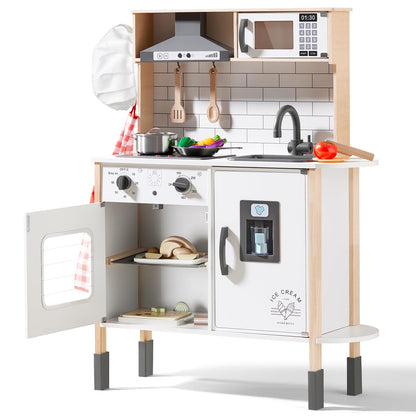 Tiny Land Play Kitchen for Kids, Wooden Kids Play Kitchen Playset Chef Pretend Play Set for Toddlers with Real Lights & Sounds, Toys Kitchen with 18 Pcs Toy Food & Cookware Accessories