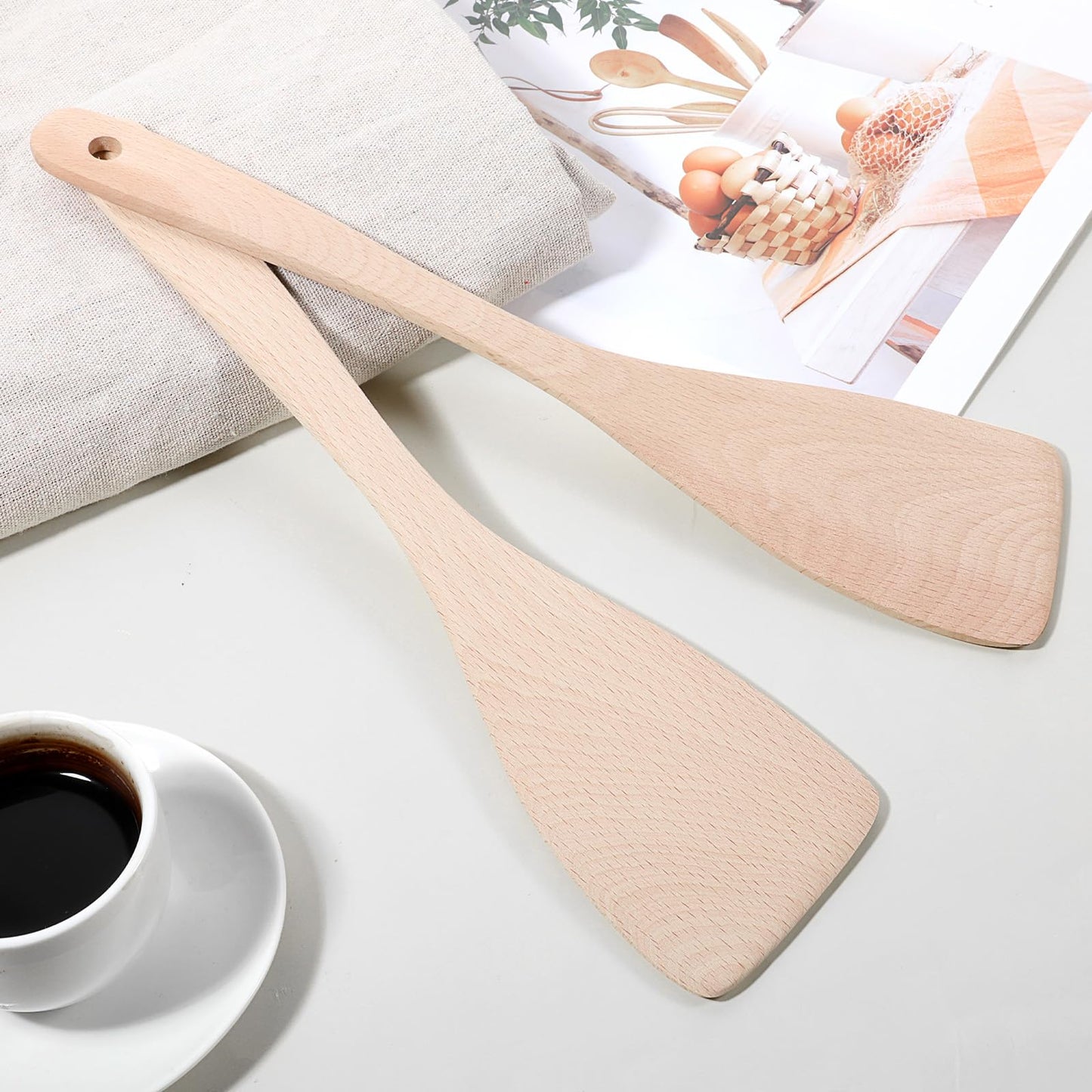 2 PCS Flat Wooden Spatula for Cooking, 13 Inch Long Handle Uncoated Beech Wood Spatula for Cooking, Non-scratch Frying Spatulas Flat Wooden Spoon Beech Wood Turners for Frying Cookware