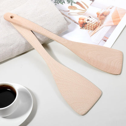 2 PCS Flat Wooden Spatula for Cooking, 13 Inch Long Handle Uncoated Beech Wood Spatula for Cooking, Non-scratch Frying Spatulas Flat Wooden Spoon Beech Wood Turners for Frying Cookware