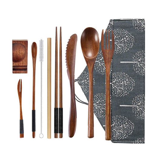 Wooden Utensil Flatware Set Reusable Utensils Travel Cutlery Set for Eating with Case, 10 Pcs Wooden Spoon and Fork Set Bamboo Flatware Set