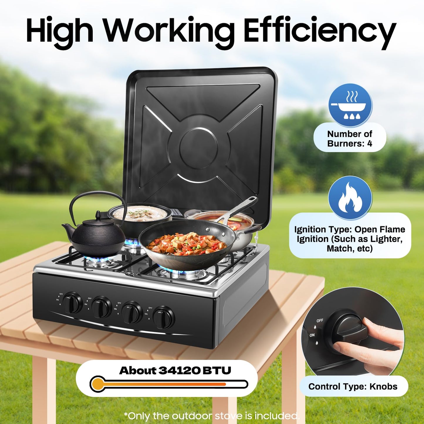 4-Burner Propane Gas Stove, 34120 BTU Output for Patio Garden Barbecue Grilling, Free Standing 2-Tier Storage Rack for Apartments, Outdoor, Rvs, Black