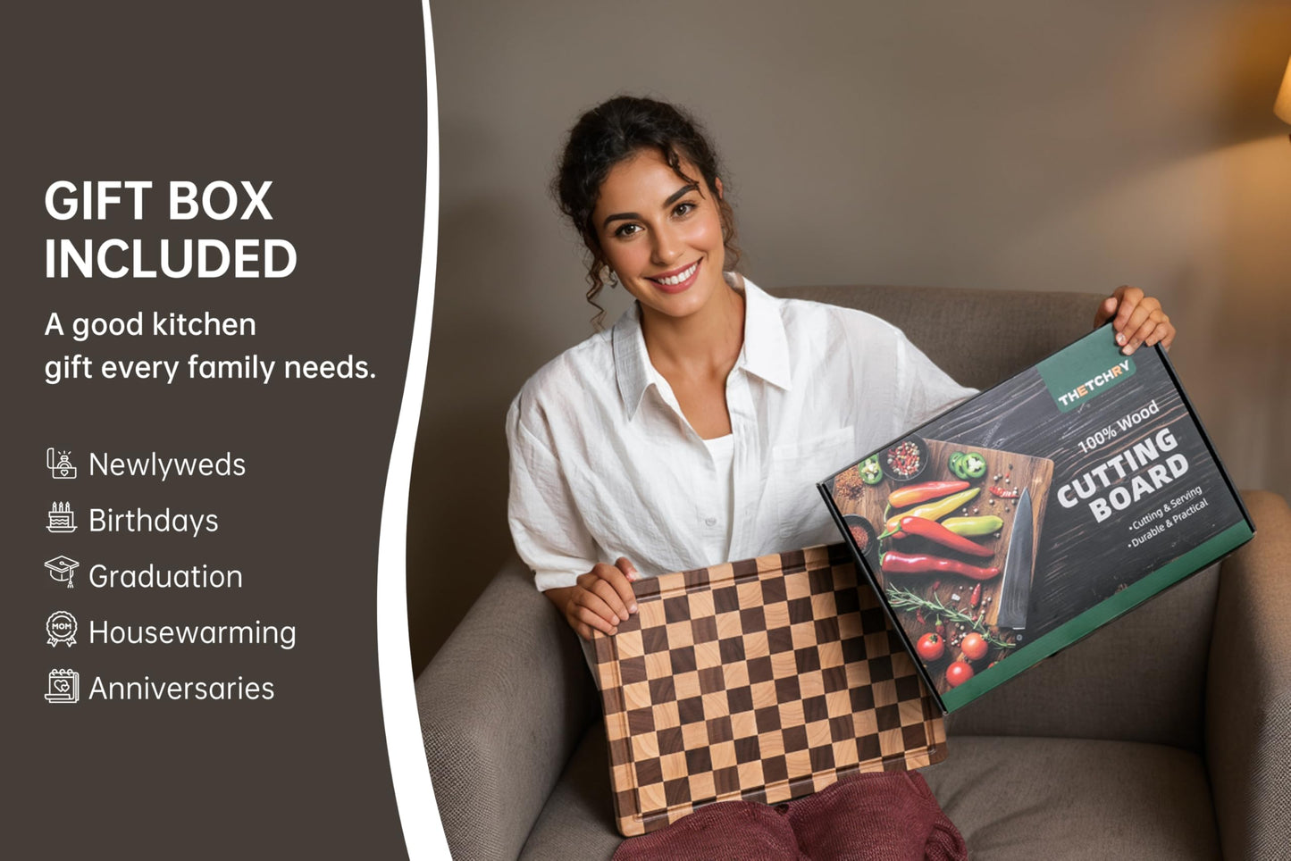 THETCHRY Cutting Boards for Kitchen, Design in USA Large Acacia Wood Chopping Board, Checkered Cutting Board with Juice Grooves & Handles, Butcher Block Serving Tray with Gift Box 16.5" x 11.6" x 0.8"