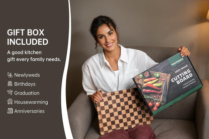 THETCHRY Cutting Boards for Kitchen, Design in USA Large Acacia Wood Chopping Board, Checkered Cutting Board with Juice Grooves & Handles, Butcher Block Serving Tray with Gift Box 16.5" x 11.6" x 0.8"