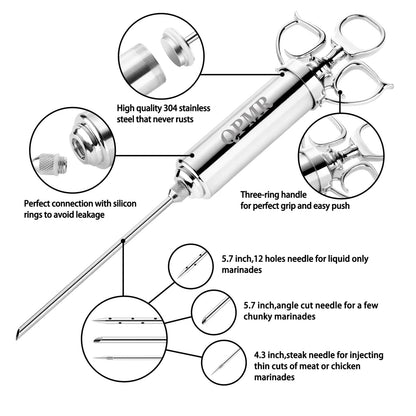QPMR Meat Injector Syringe Kit, 2-oz Large Capacity Marinade Turkey Injector with 3pcs Stainless Steel Marinade Injector Needles for BBQ Grill Smoker & Turkey & Brisket