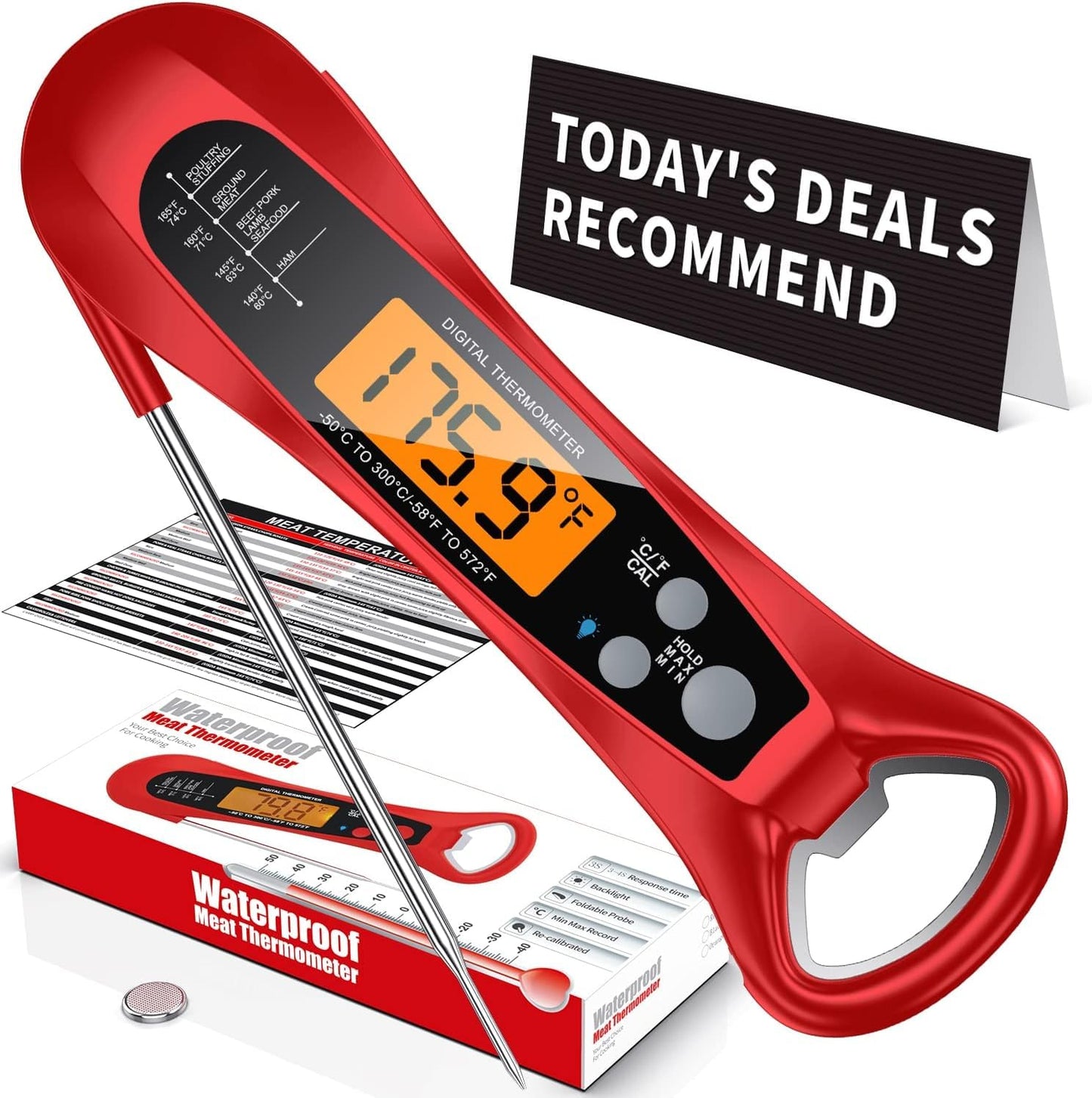 Meat Thermometer Digital, 1 Sec Instant Read, NIST Certified Accurate to ±0.5℉, Ultra Bright LED Screen, 100% Waterproof, Auto-Rotate, BBQ/Smoker/Candy, Valentines Gift, Red