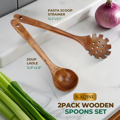 KAQISE 10PCS Premium Wooden Spoons for Cooking, Kitchen Essential Wooden Utensils Set, Teak Wood Culinary Utensils Set for Families