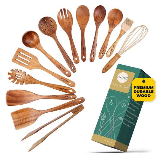 13 pcs Wooden Utensils Teak Wood Kitchen Wooden Spoons for Cooking,Spatula Set with Wooden Spoon Rest,Tong,Whisk