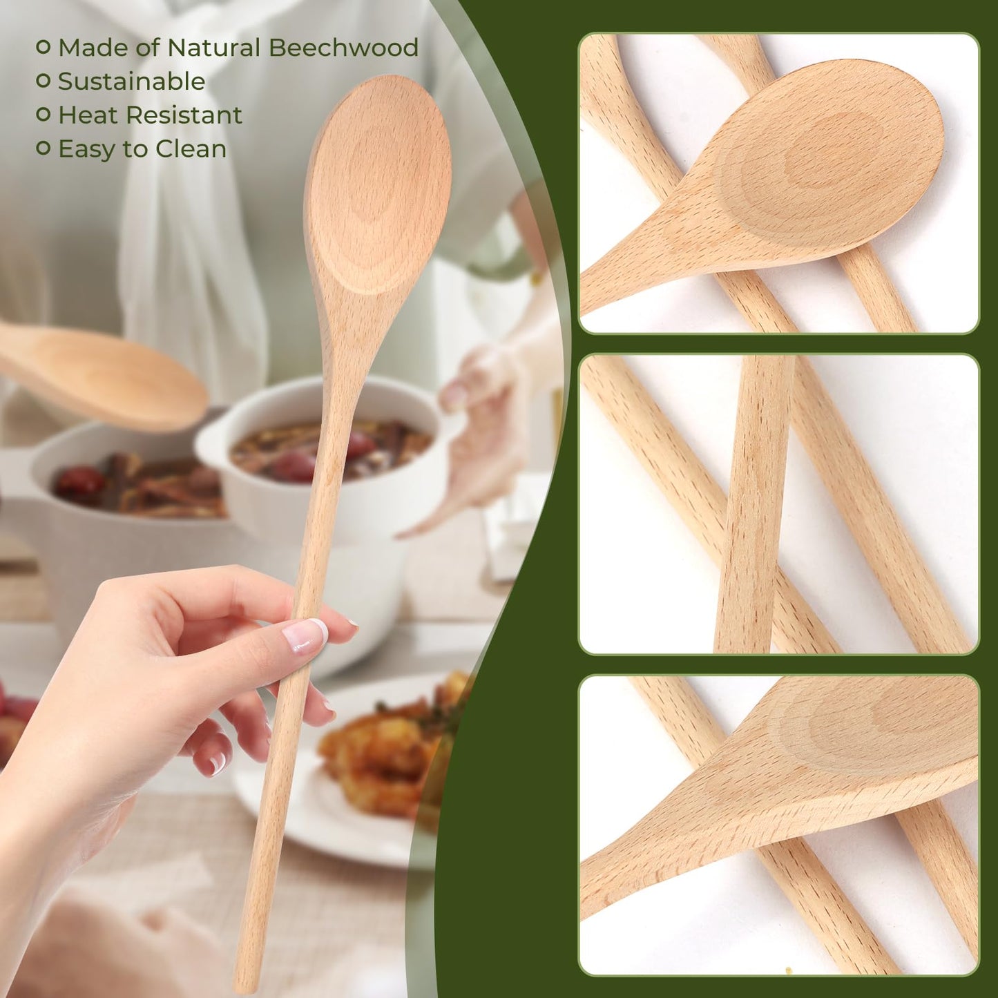 WYOMER 3 PCS Wooden Spoons for Cooking, 12 Inch Long Handle Made of Natural Beechwood, Cooking Mixing Oval Spoons to Baking, Stir Meals, Tasting Stirring Food
