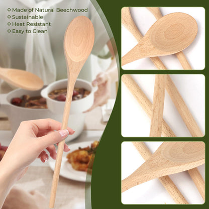 WYOMER 3 PCS Wooden Spoons for Cooking, 12 Inch Long Handle Made of Natural Beechwood, Cooking Mixing Oval Spoons to Baking, Stir Meals, Tasting Stirring Food