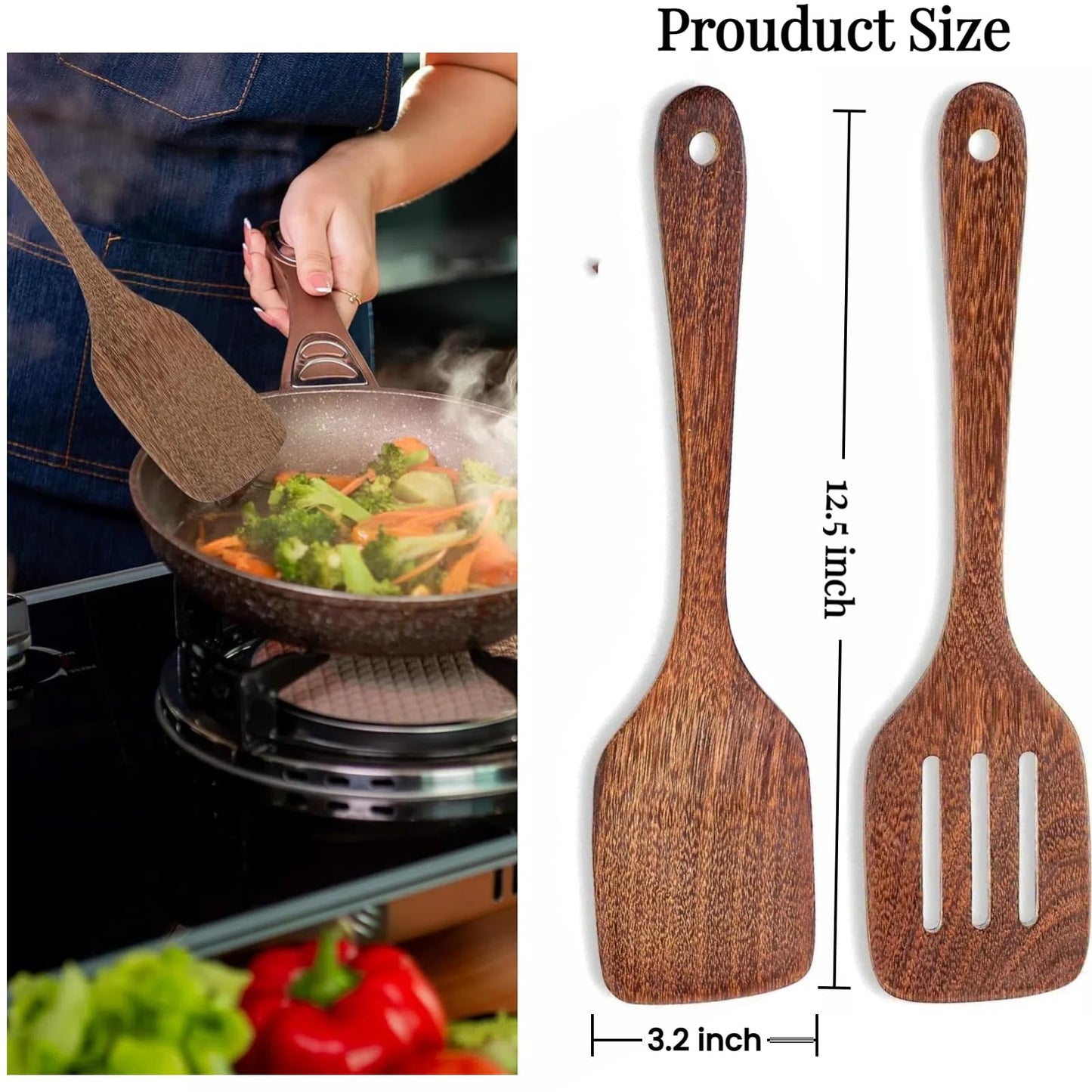 LorisArm Cherry Wood Spatula Turner Set, 12-Inch Wooden Spatula Slotted Turner Cooking Utensils for Nonstick Cookware, Kitchen Spatulas for Flipping, Serving, Scraping & Turning, 2 Pack