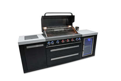 Mont Alpi MAi805-BSSFC 44-inch 6-Burner 115000 BTU Black Stainless Steel Gas Outdoor Kitchen Bar Island Grill w/Wine Cooler Beverage Center Refrigerator + Infrared Side Burner + Granite Countertop
