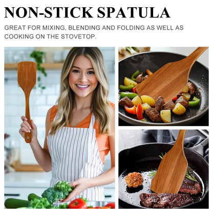 12 Inch Acacia Wood Spatula for Cooking Utensils Slotted Turner Best Non Toxic Spatulas Nonstick Flat Teak Wooden Spatula for Kitchen Use, Frying, Eggs, Pancakes Cooking Spatula Set Bamboo Utensil