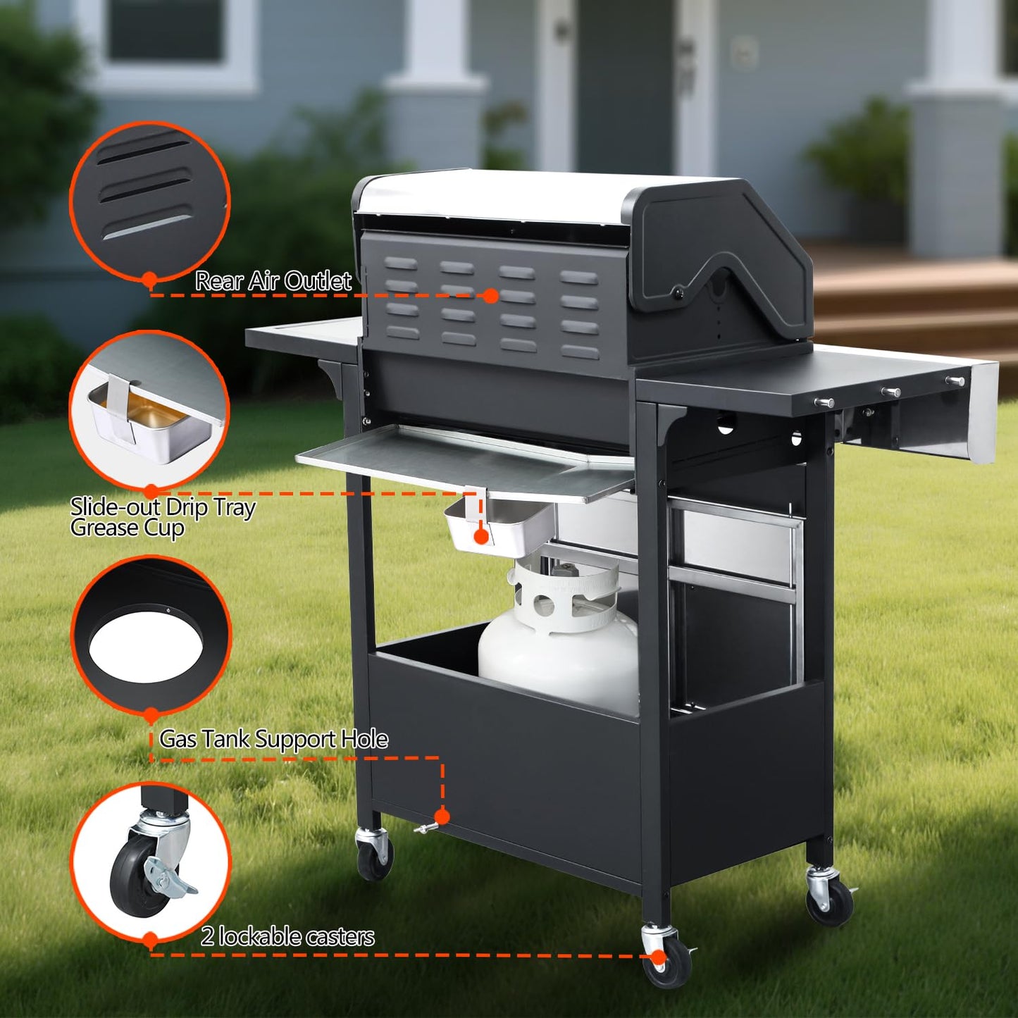 49000 BTU Output Propane Gas Grill with Side Burner and 4 Main Burners - Double-layer Stainless Steel Lid, Cast Iron Grids and Plate, Easy-Clean Grease Management for Perfect BBQs