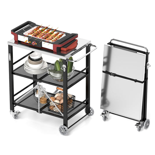 YORKING Foldable Outdoor Grill Cart, Stainless Steel 3 Tier Kitchen Cart with 2 Lock Wheels, Moveable BBQ Table Kitchen Island with Tool Hooks, Bottle Opener, for Home Party, Bar, Camping, Black