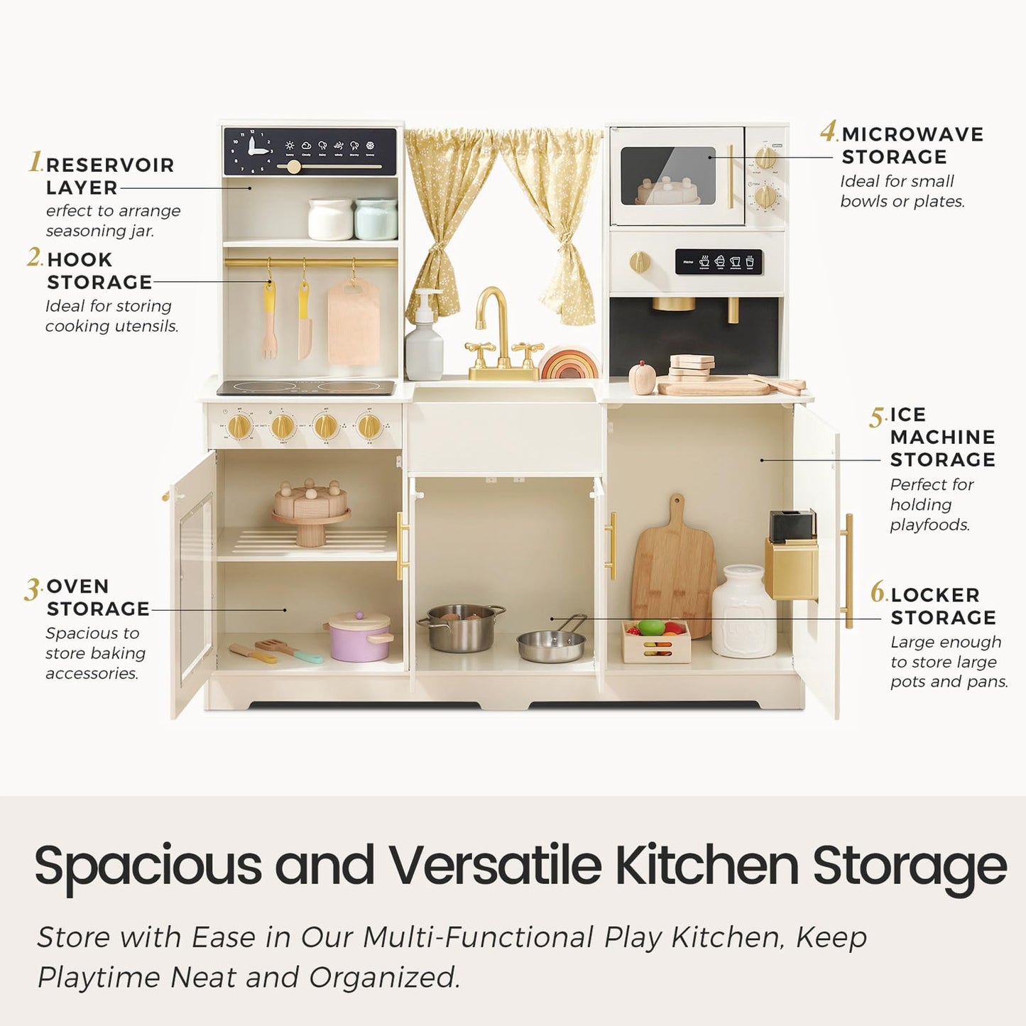 Tiny Land Play Kitchen for Kids, Toy Kitchen Set with Plenty of Play Features, New Modern Kids Wooden Play Kitchen Designed in Trendy Home Style with Curtains, Gift for Ages 3+