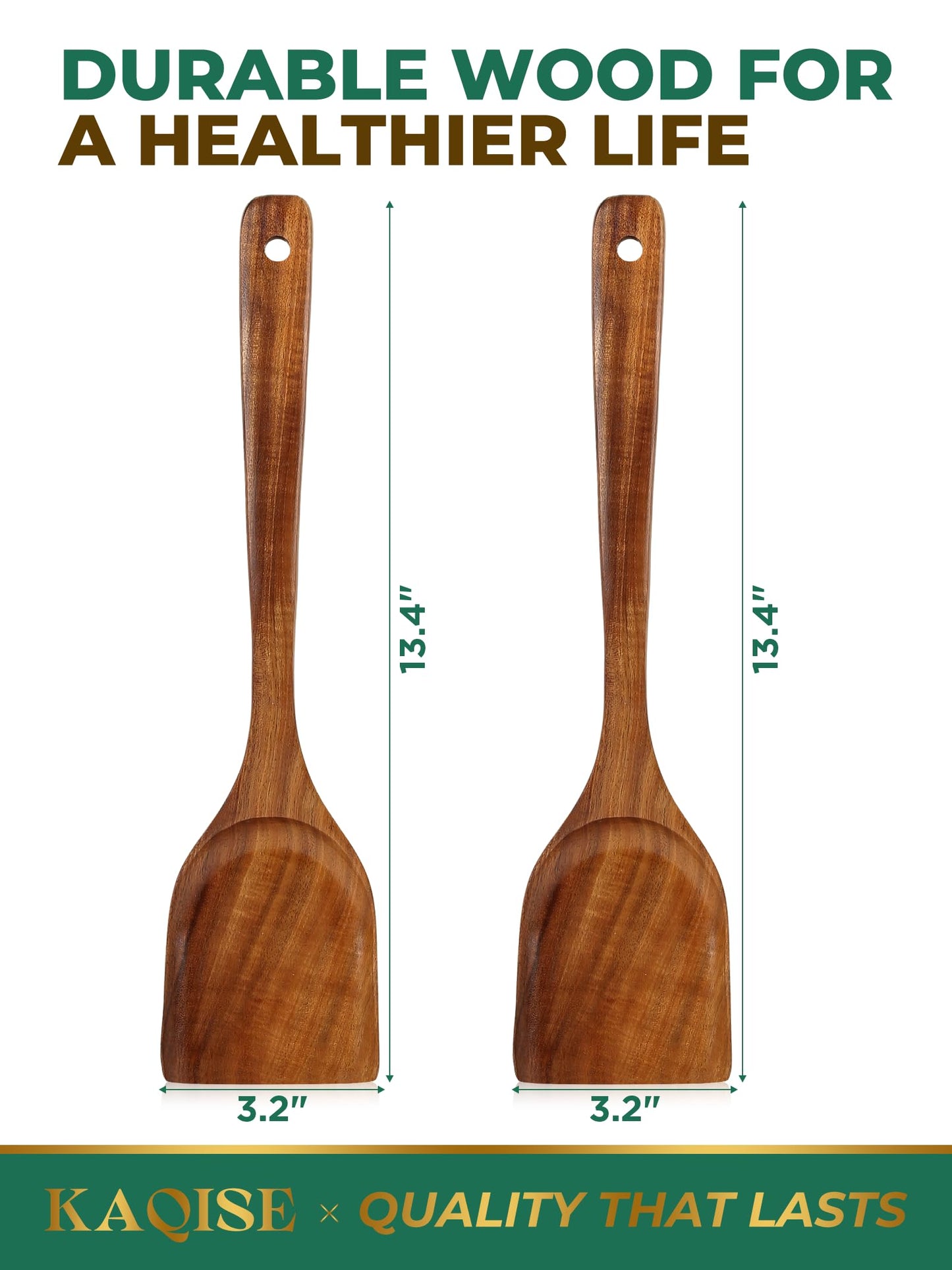 KAQISE Handmade Wooden Spatulas for Cooking, Natural Teak Wood Kitchen Utensils, Smooth Finish Wooden Flat Cooking Spatula Turner Set (2Pcs)