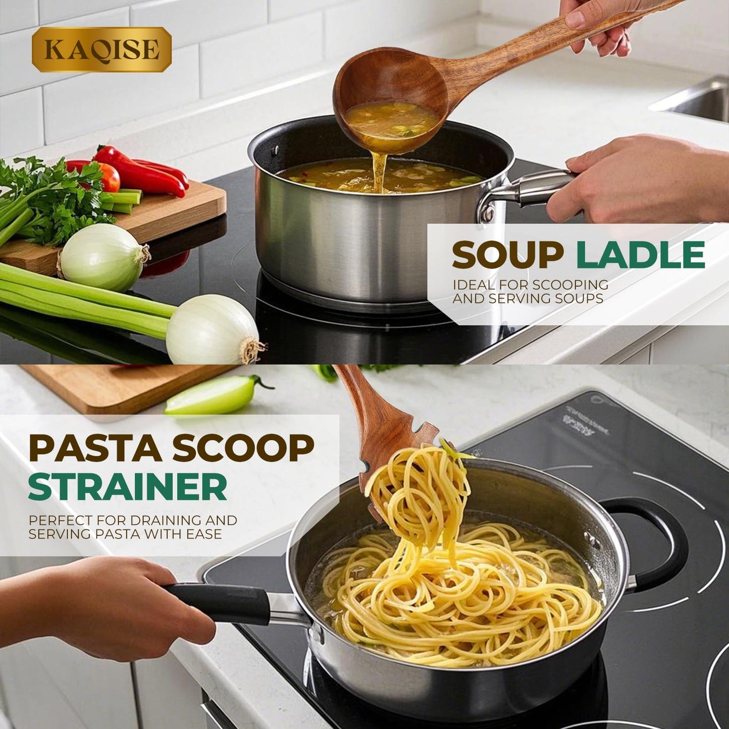 KAQISE 10PCS Premium Wooden Spoons for Cooking, Kitchen Essential Wooden Utensils Set, Teak Wood Culinary Utensils Set for Families