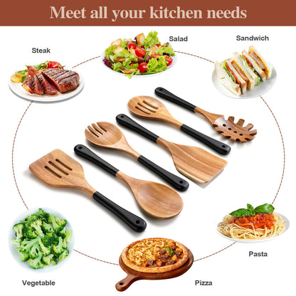 ROSOS Wooden Spoons For Cooking, 6 PCS Natural Acacia Wooden Cooking Utensils or Non-Stick Wooden Kitchen Utensil Set for Kitchen Essentials, Smooth Grip Wooden Cooking Spoons with Hanging Hole, Black