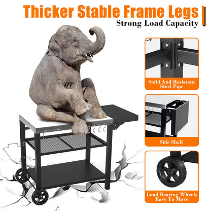 GRILL FORCE Grill Cart, Outdoor Grill Table, Pizza Oven Stand, Three-Shelf BBQ Table, Movable Dining Cart with Drawer, Fits for Ninja Woodfire Grill, Blackstone Griddle,Tabletop Grill