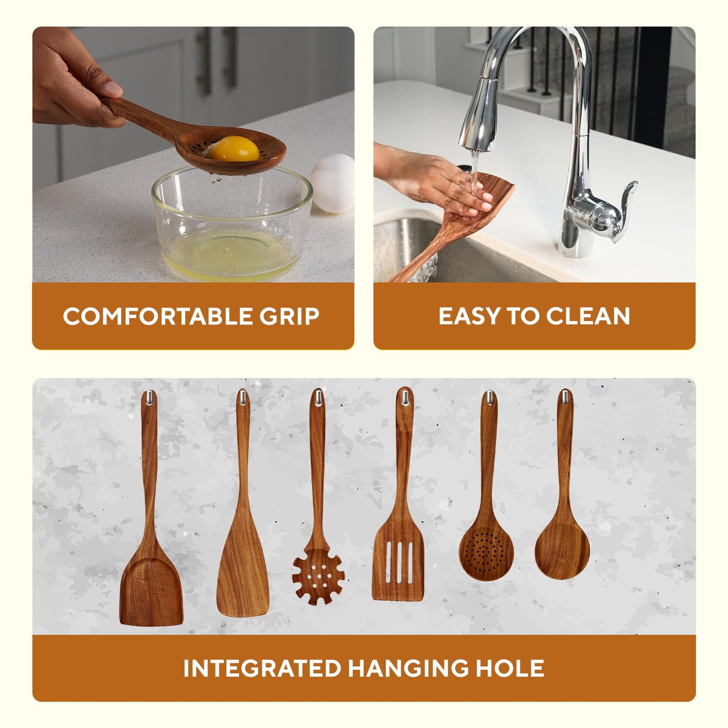 Valtify Kitchen Utensil Set, Comfort Grip Wooden Cooking Spoons and Spatula, Eco-Friendly, Heat-Resistant, Teakwood Utensils for Cooking, 6-Piece Set with Wooden Spoons and Kitchen Accessories