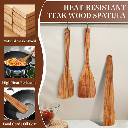 EOHASA 3Pcs Wood Spatulas for Cooking, Natural Teak Wooden Utensil Set - Flat Spatula Turner, Wood Spatula for Right Hand, Wooden Scraper Flipper, Non Toxic Heat Resistant kitchen essentials for Home