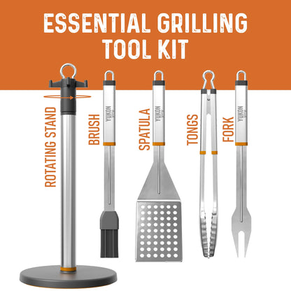 Stainless Steel BBQ Tool Set with Rotating Stand & Drip Pan | Grill Tool Kit Complete with Spatula, Tongs, Fork, Brush | Durable, Easy to Clean Grilling Kit | Essential BBQ Tools