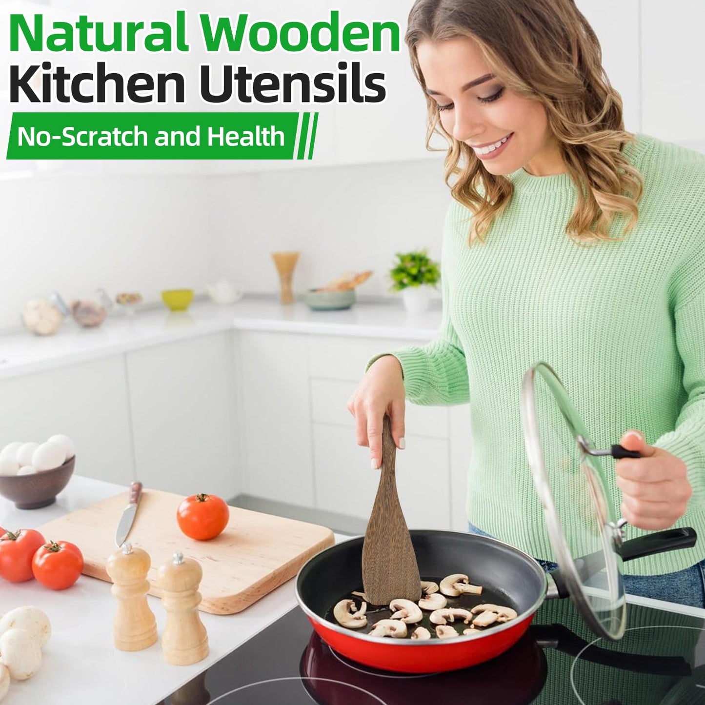 Ecavria 2PCS Wooden Spatula, 12.8IN Wooden Flat Frying Spatulas, Long Handle Wood Turner for Non-Stick Cookware, Natural Wood Cooking Utensils, Healthy, Sturdy & Heat-Resistant