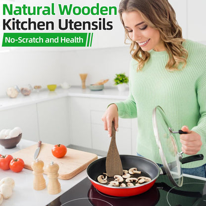 Ecavria 2PCS Wooden Spatula, 12.8IN Wooden Flat Frying Spatulas, Long Handle Wood Turner for Non-Stick Cookware, Natural Wood Cooking Utensils, Healthy, Sturdy & Heat-Resistant