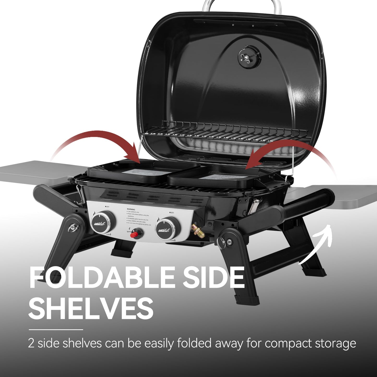 Royal Gourmet GT2005 2 Burner Portable Propane Gas Grill with Foldable Side Tables & Foldable Support Legs, Tabletop Gas Grill with Warming Rack for Outdoor Cooking & Grilling, Black