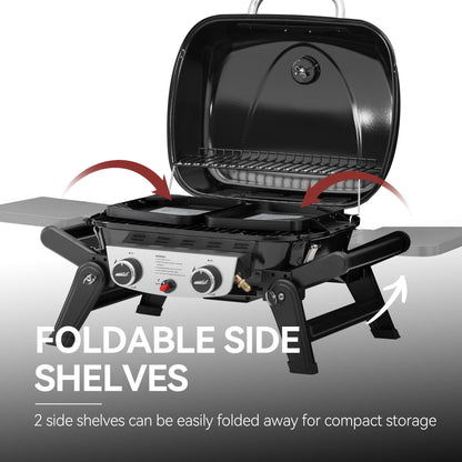 Royal Gourmet GT2005 2 Burner Portable Propane Gas Grill with Foldable Side Tables & Foldable Support Legs, Tabletop Gas Grill with Warming Rack for Outdoor Cooking & Grilling, Black