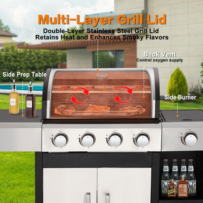 4-Burner Propane Gas Grill with Side Burner & Cabinet - 49,000 BTU Stainless Steel BBQ Grill, Porcelain-Enameled Cast Iron Grates for Outdoor Cooking, Patio & Backyard