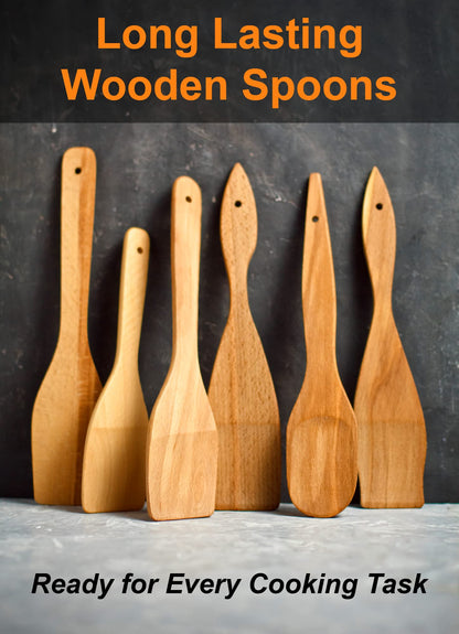 ECOSALL 6 Wooden Spoons for Cooking – Made in Ukraine 100% Natural Healthy Nonstick Wooden Spatula Spoons - Premium Solid Wood Cooking Utensils Set - Strong, Durable Eco Hardwood Beechwood Spoons Set