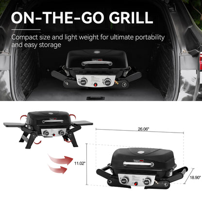 Grills House 2-Burner Portable Propane Gas Grill with Foldable Side Tables and Legs, Outdoor Tabletop Gas Grill with Warming Rack for Travel, Picnic, Tailgate, Camping, Black, GT2005-SC