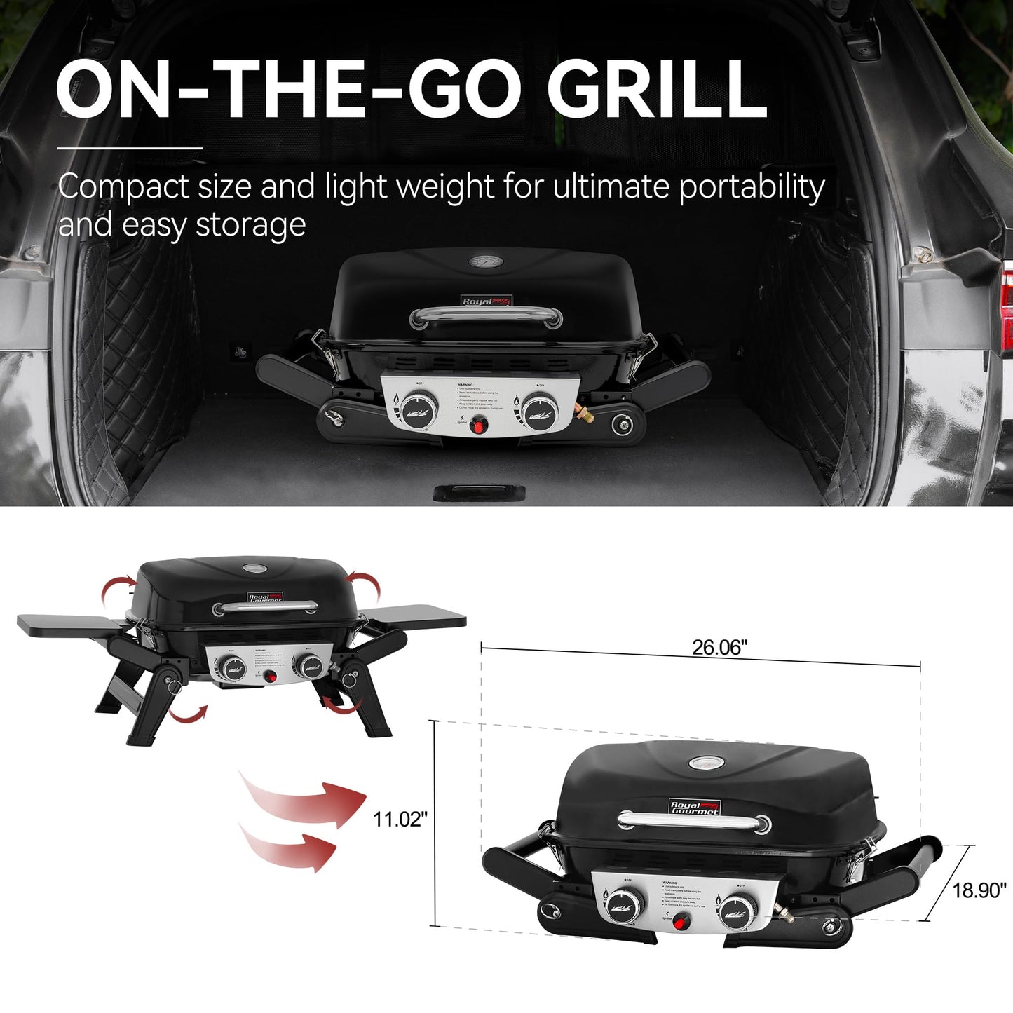 Royal Gourmet GT2005 2 Burner Portable Propane Gas Grill with Foldable Side Tables & Foldable Support Legs, Tabletop Gas Grill with Warming Rack for Outdoor Cooking & Grilling, Black
