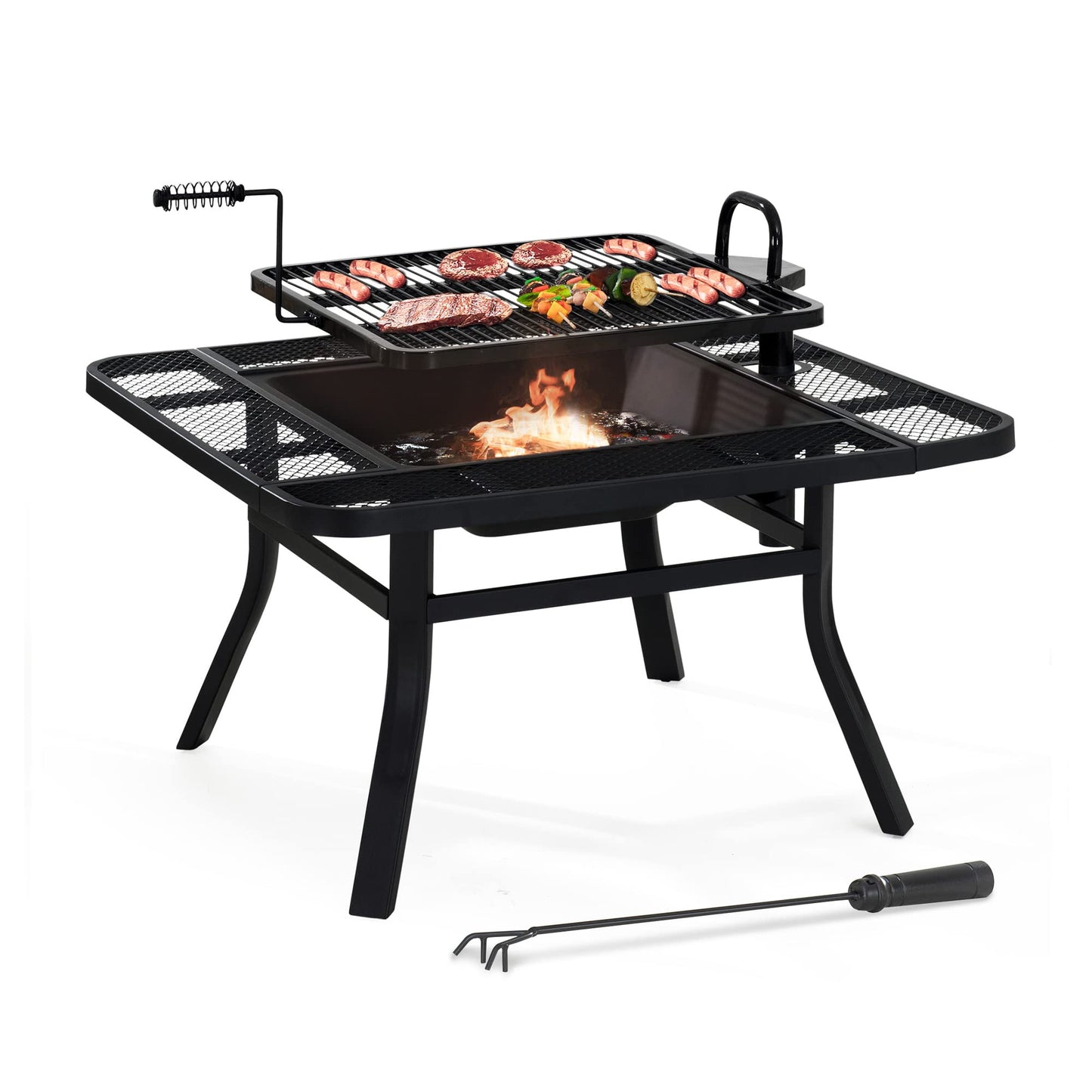 Sunjoy 38 in. Fire Pit for Outside, Square Wood Burning Firepit Large Steel Fire Pits with Adjustable Cooking Swivel BBQ Grill and Fire Poker Black