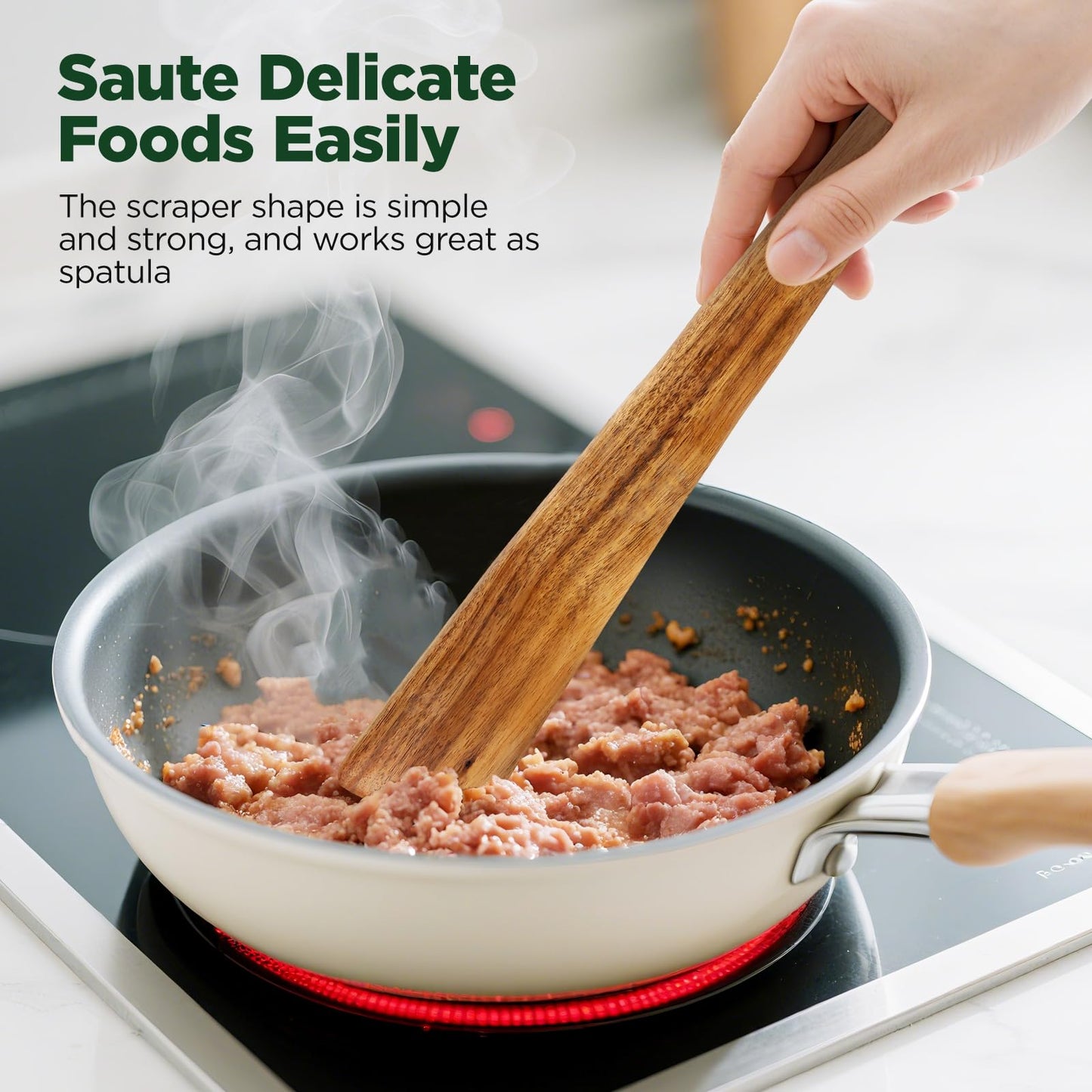 ANBUY 12 Inch Teak Wood Spatula for Cooking, Flat Wooden Scraper Turner for Cast Iron, Egg Fish Flipper Spatulas for Flipping, Serving, Scraping & Turning