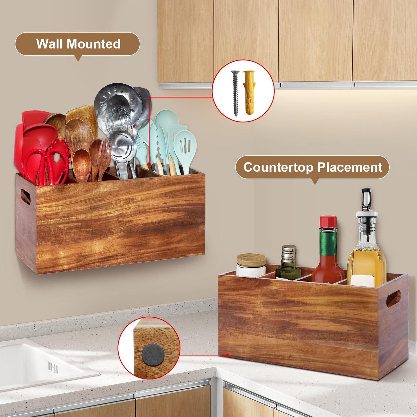 Guijinga Extra Large Kitchen Utensil Holder with 4 Compartments，Acacia Wood Utensil Holder Counter，Suitable for Kitchen Countertops to Store Tableware and Cooking Tools Wooden Utensil Organizer