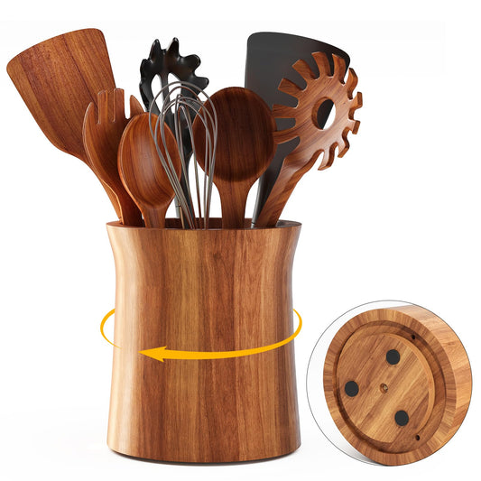 WBKATN Acacia Wood Utensil Holder for Kitchen Counter, 360° Rotating Wooden Large Cooking Utensils Holder for Countertop, Farmhouse Spoon Crock, Spatula Storage Organizer, Rustic Kitchen Decor