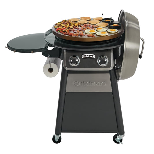 Cuisinart 360° Griddle Outdoor Cooking Center, 22” Round Flat Top Grill with Stainless Steel Vented Lid, Folding Prep Table, 30,000 BTU Burners, Grease Management, Gas Grill Perfect for BBQ, Cookouts