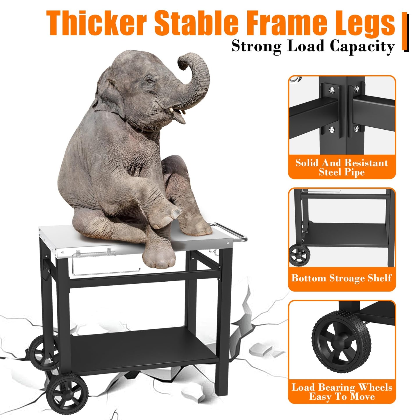 GRILL FORCE Outdoor Grill Table, Movable Dining Cart, Pizza Oven Table Stand, Double-Shelf Grill Stand, Food Prep and Work Cart with Wheels, Hooks, Fits for Blackstone Ninja