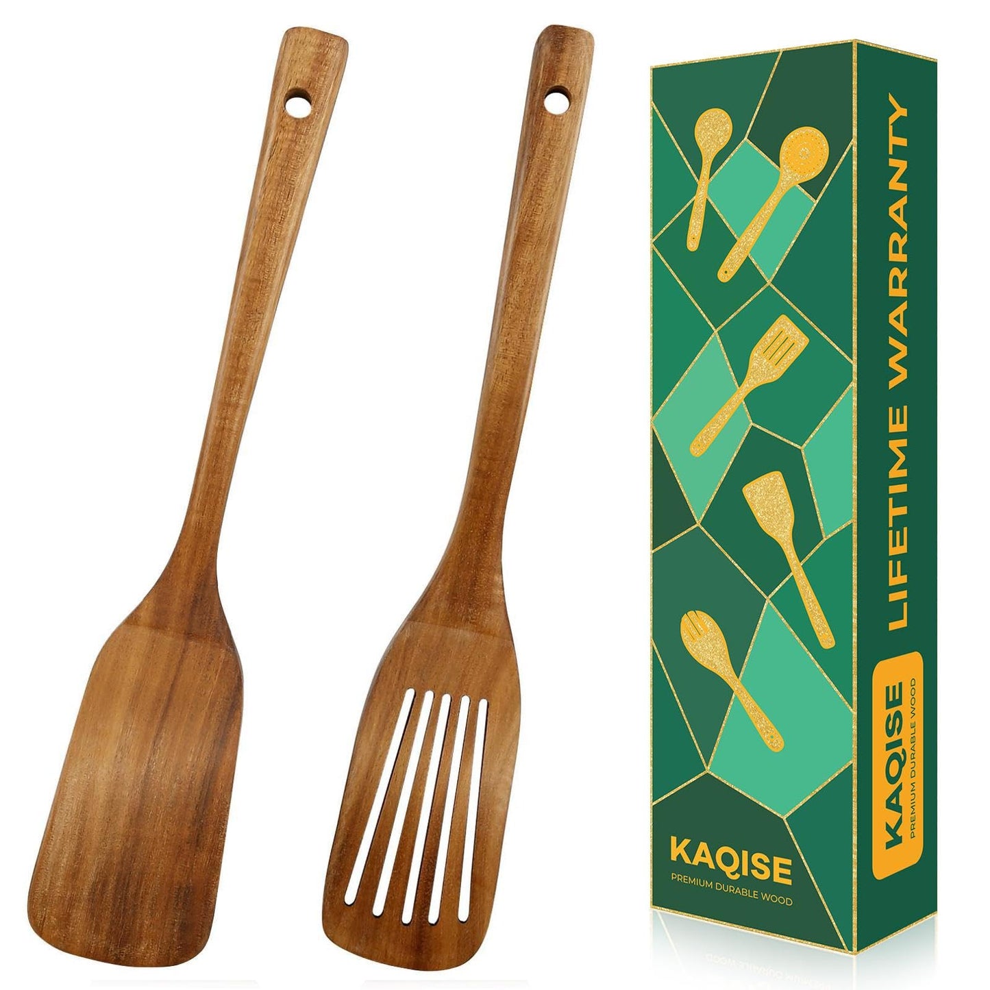 KAQISE Nonstick Wooden Spatula for Cooking, Finely Polished Teak Wooden Utensils, Kitchen Essential Spatula Set Contains Flat Turner and Slotted Spatula (2Pcs)
