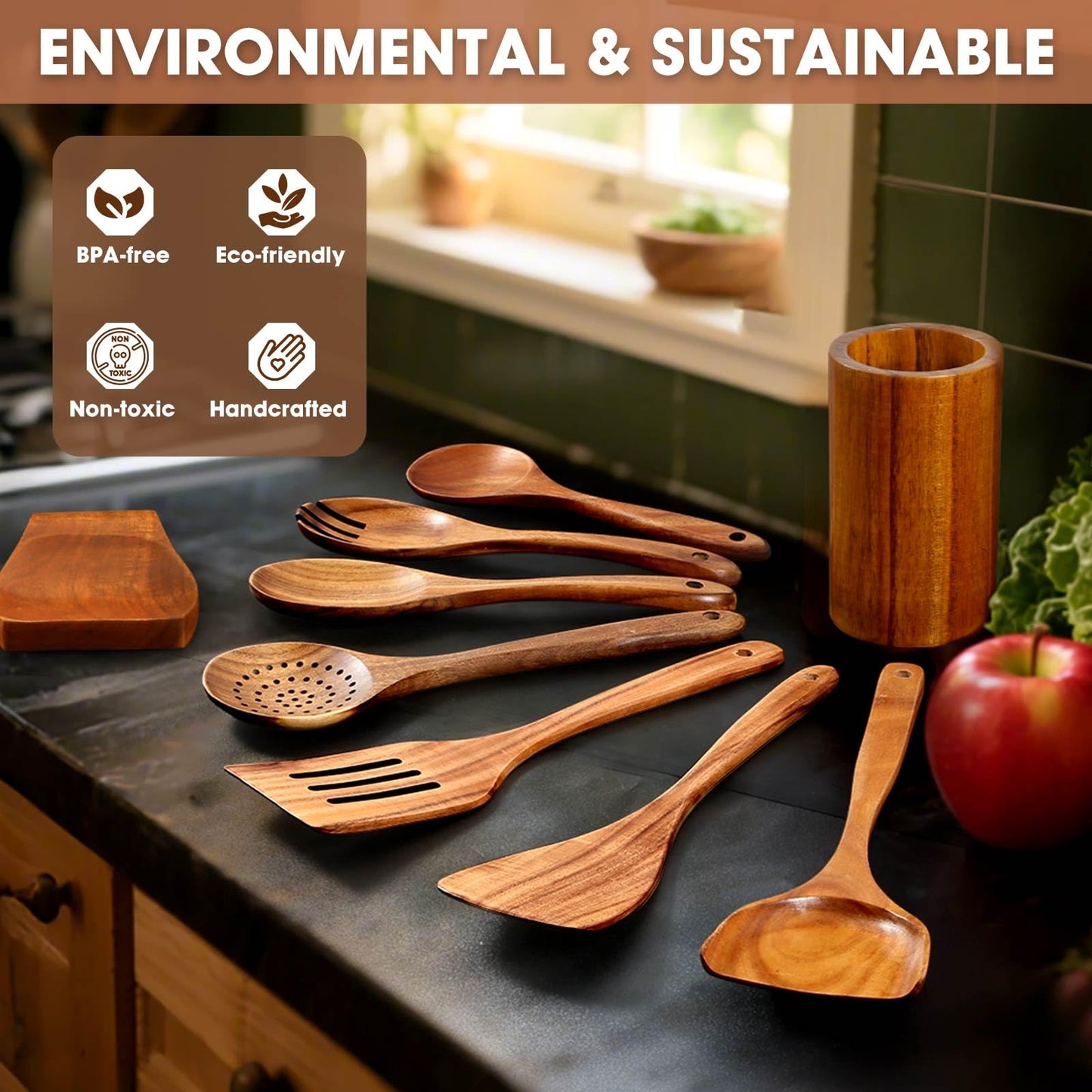 Wooden Spoons for Cooking, MASSUGAR 9-Piece Natural Teak Wooden Kitchen Utensil Set Comfort Grip Cooking Spoons and Utensils Holder